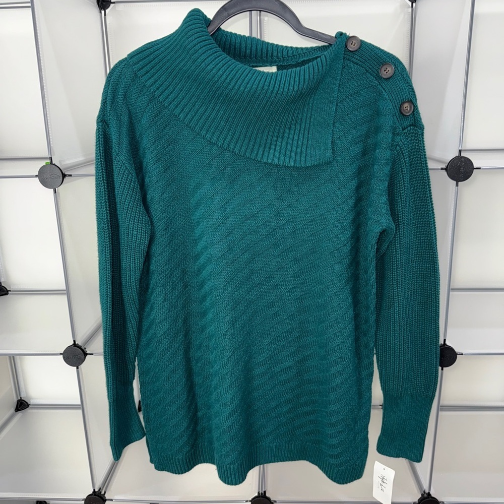 Style & Co Women's Envelope Neck Button Trim Tunic Sweater Green Size PL